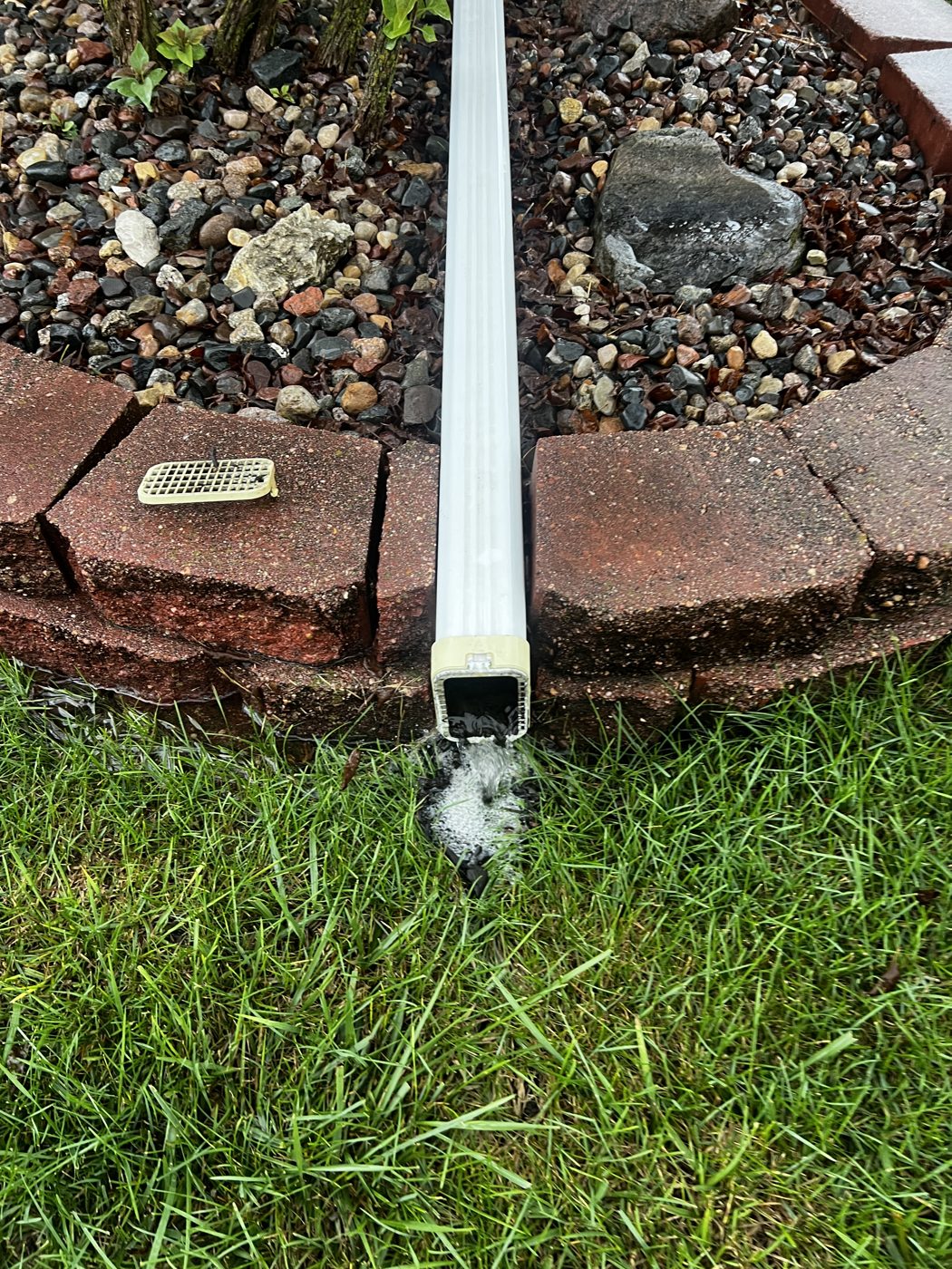 A sump pump discharge line running out past a landscape edge and emptying onto the lawn after a rain